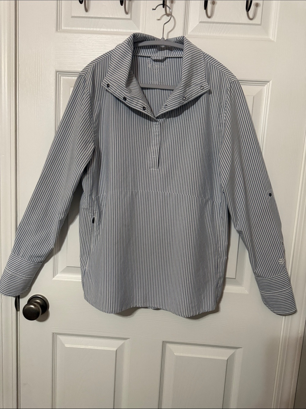 Coolibar Blue and White Pinstripe Button-Down Pullover Shirt